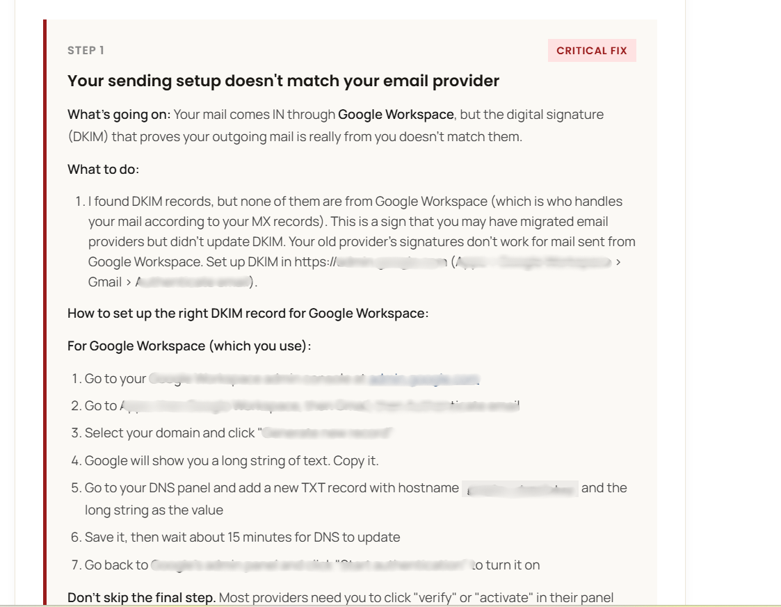 Example DKIM diagnosis section from the paid report