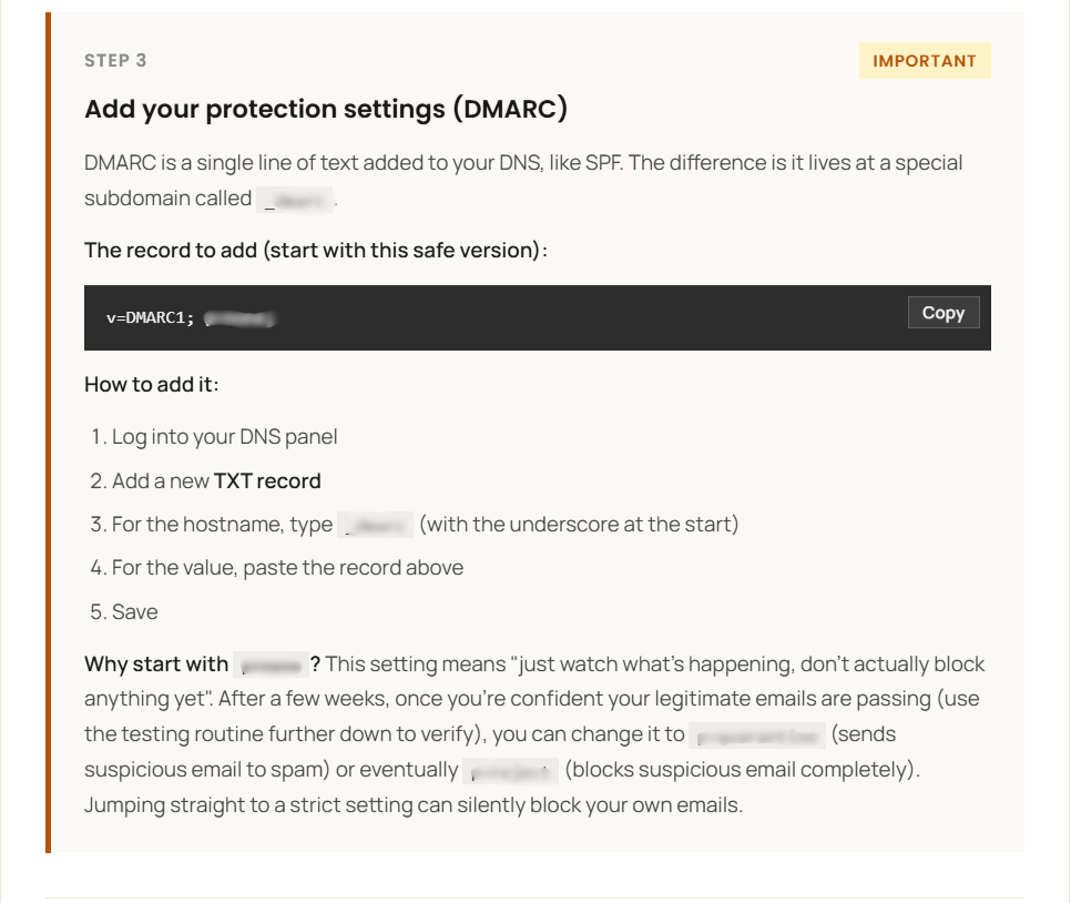 Example DMARC setup section from the paid report