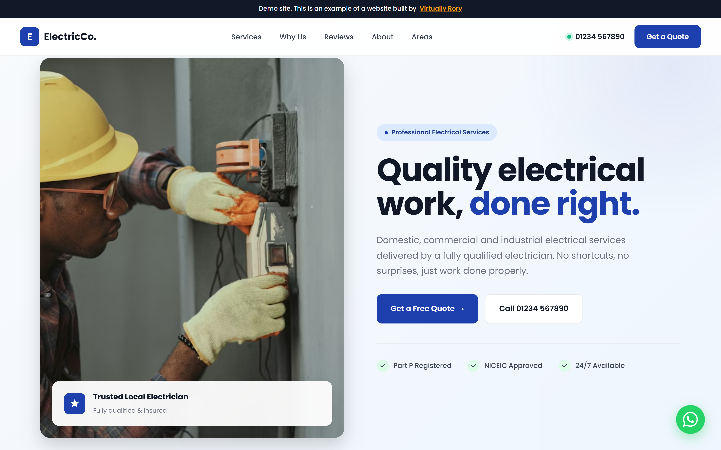 Example trade website on desktop showing services, reviews and click-to-call layout