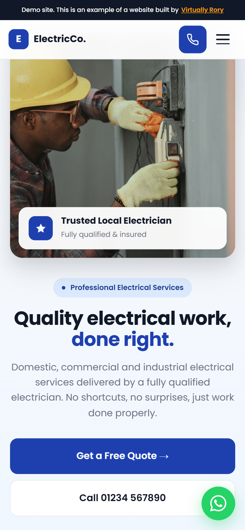 Example trade website on mobile with click-to-call button and service listings