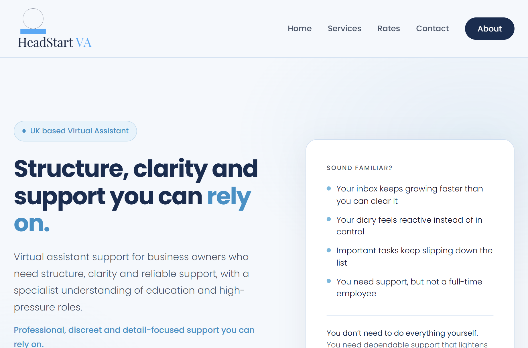 HeadStart VA website on desktop showing the hero headline Structure, clarity and support you can rely on