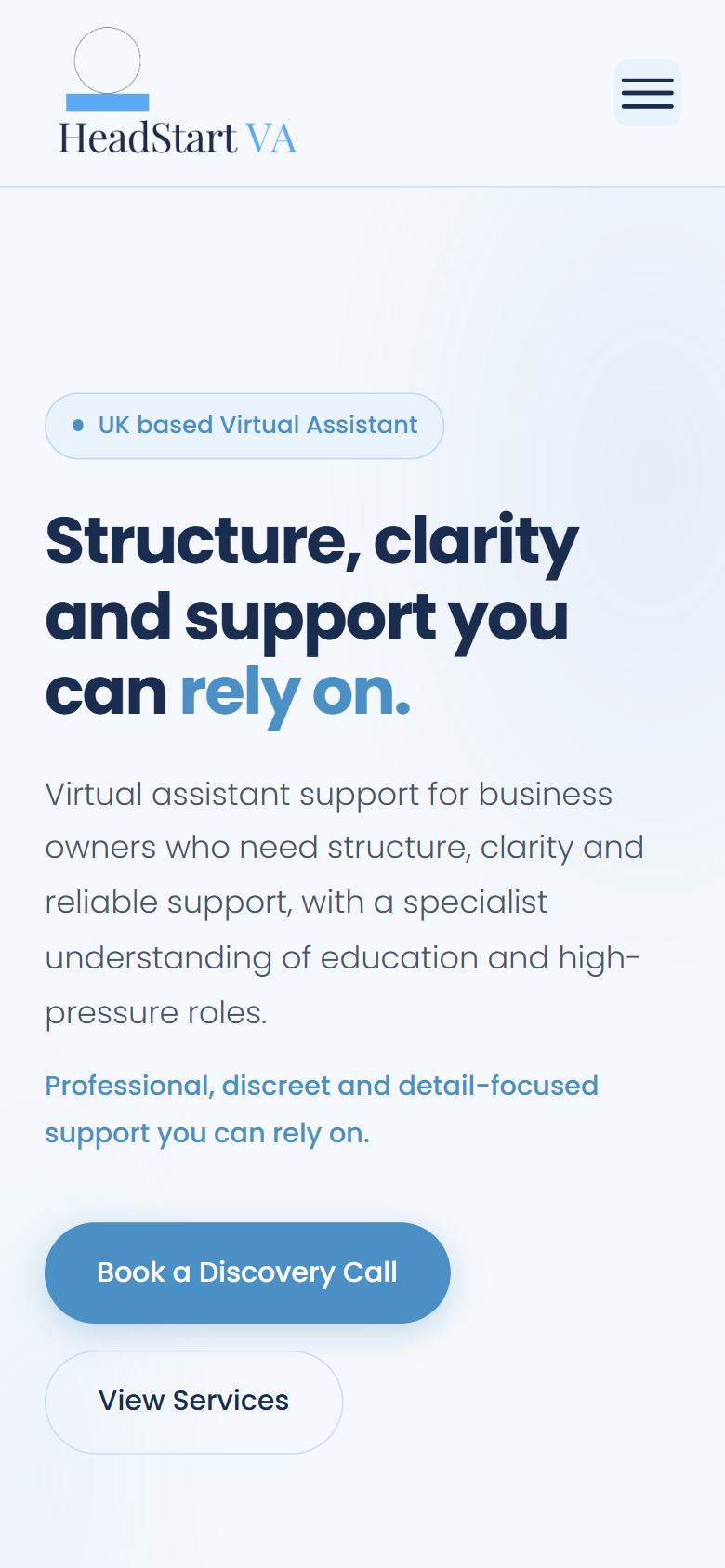 HeadStart VA website on mobile with Book a Discovery Call button and trust badges