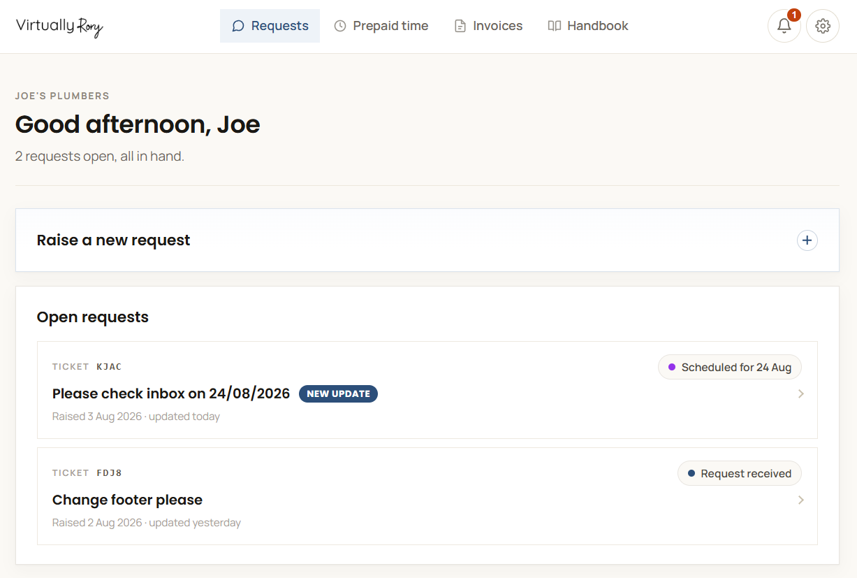 The client space showing open requests