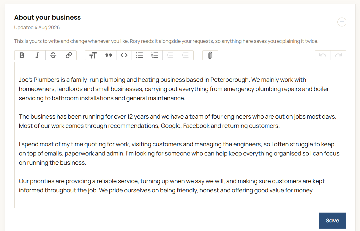 The handbook, showing the page about your business