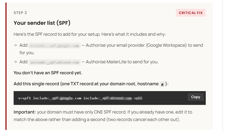 Example SPF fix section from the paid report